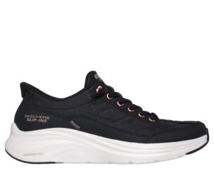 Mustat Skechers Slip-ins: Contour Foam - Cozy Fit Golden Hour - Black -kengät pehmeällä ja lämpimällä sisäpinnalla.