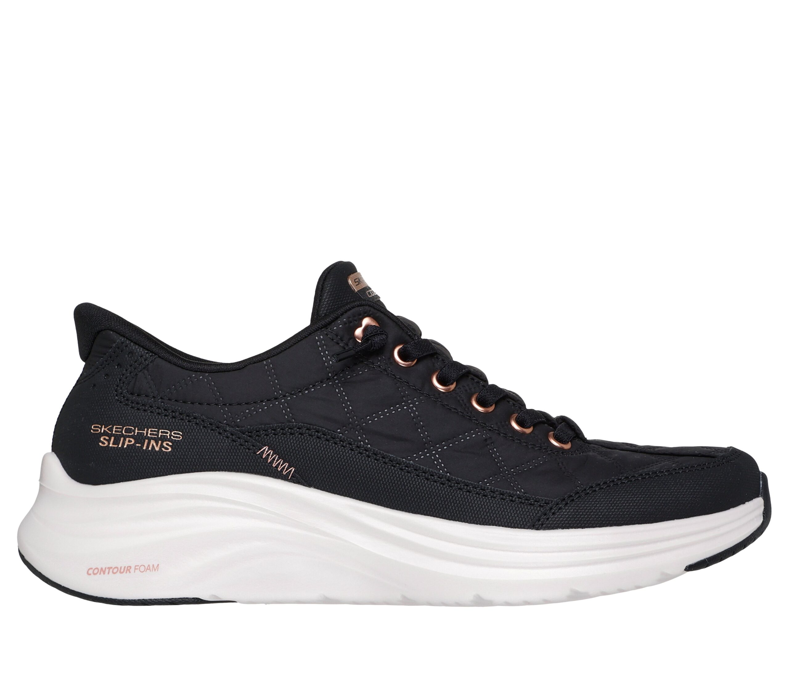 Mustat Skechers Slip-ins: Contour Foam - Cozy Fit Golden Hour - Black -kengät pehmeällä ja lämpimällä sisäpinnalla.