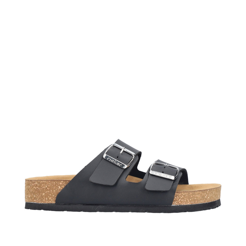 Musta Rieker V6391-00 naisten BIO-sandaali säädettävillä remmeillä ja anatomisesti muotoillulla sisäpohjalla.